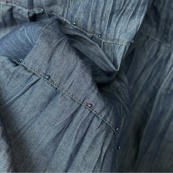 Tiered Beaded Chambray Denim Midi Skirt Size 12 Blue Cottage Boho Western - Picture 3 of 8